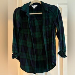 Green and Blue Plaid Flannel Shirt Notched Collar 3/4 Sleeve